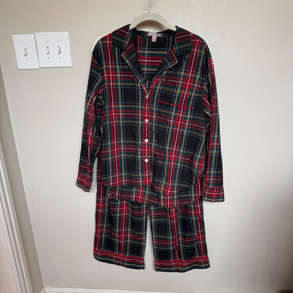J.Crew Womens Small Black Stewart Tartan‎ Plaid 100% Cotton Pajama Set PJs Long